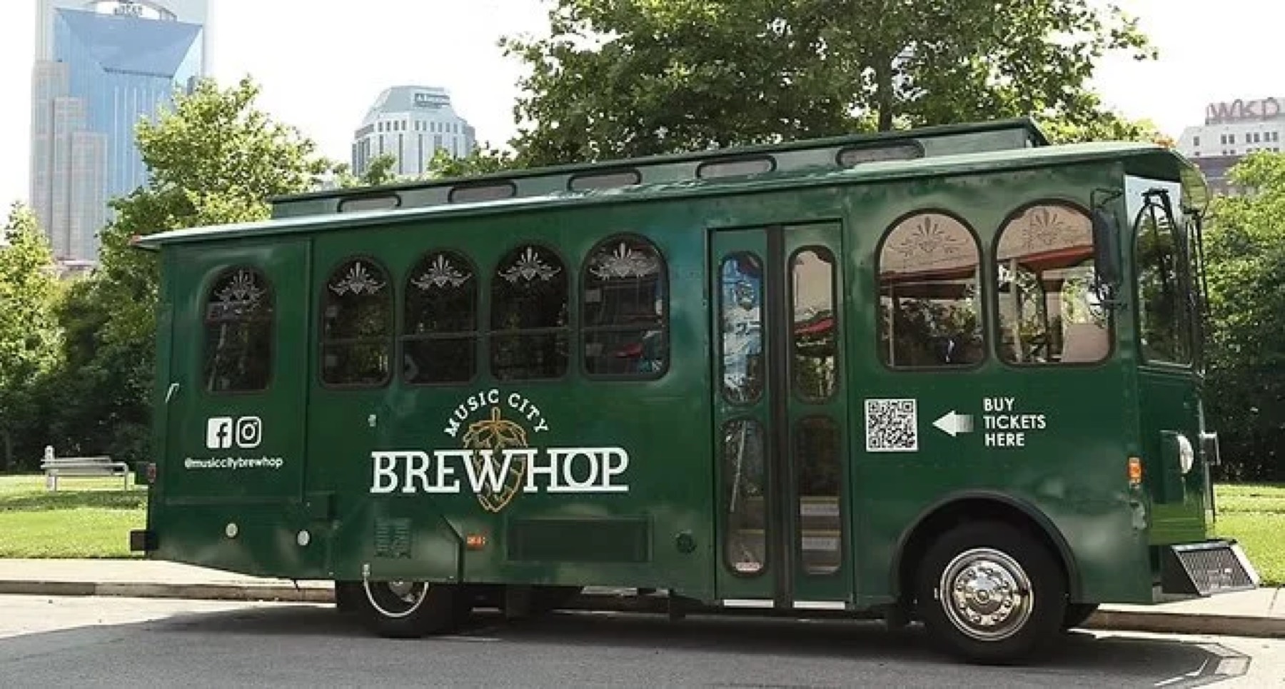 Music City Brew Hop vintage trolley parked at a Nashville brewery