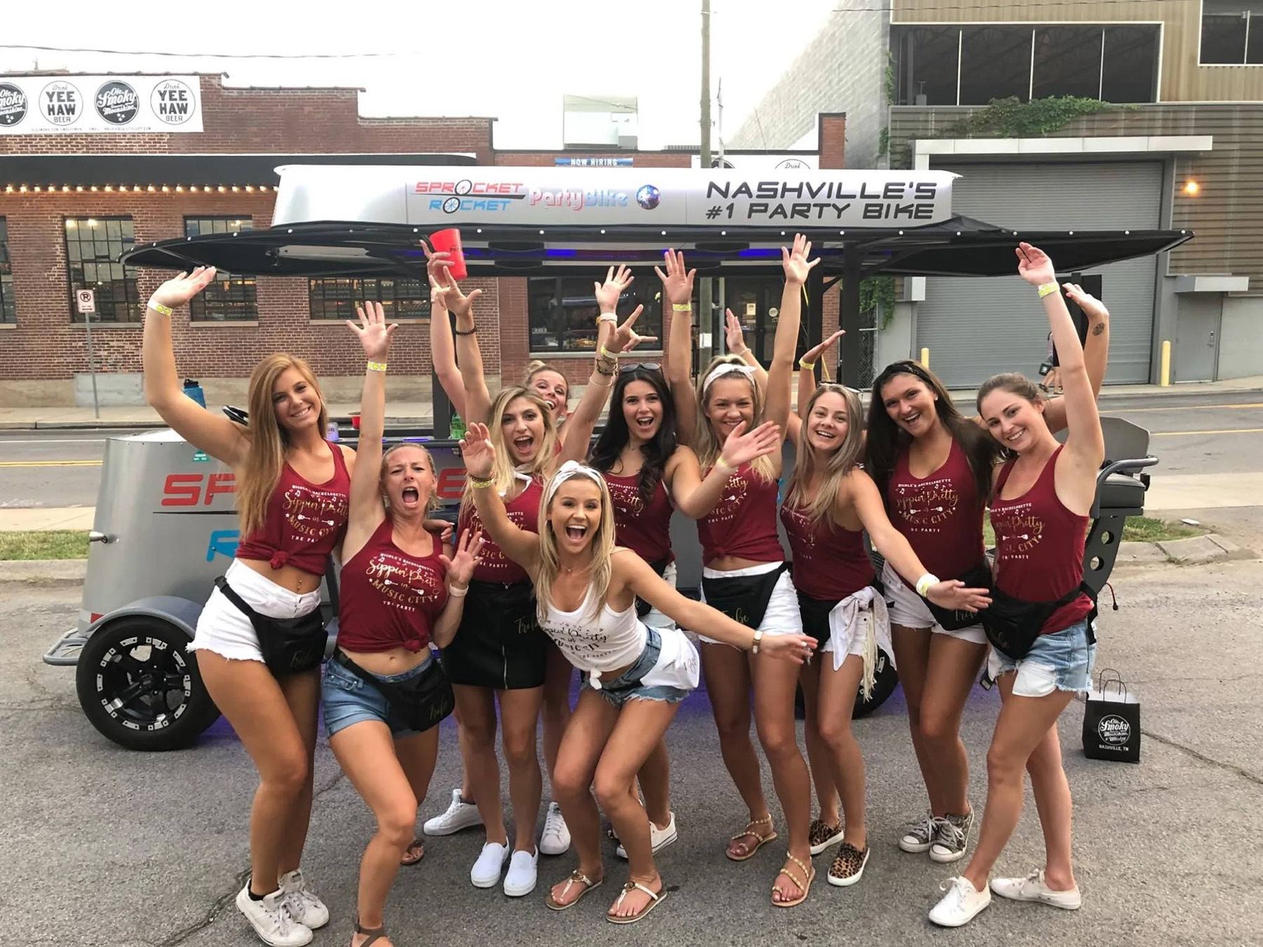A bachelorette group on a Nashville party bike